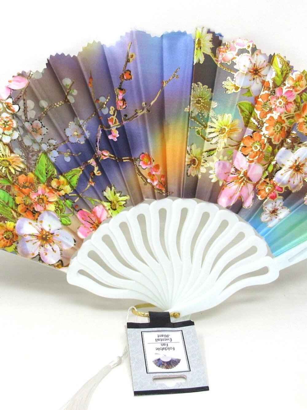 Folding Hand Held Fan Lavender Satin Colorful Flowers Gold Accents White Frame